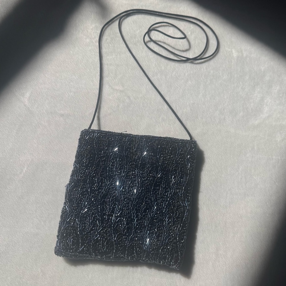 Elegant Vintage Black Beaded Mini Crossbody Shoulder Evening Bag